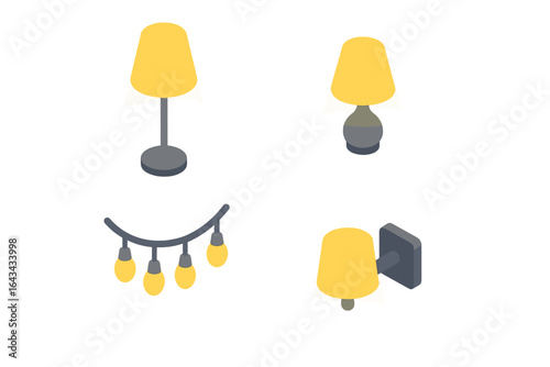 Isometric ambient lighting vector set. Modern floor lamp, table lamp, string lights, wall sconce. Interior design, home decor, illumination, light fixtures. Flat icons for room lighting concept.