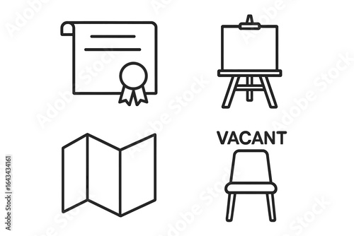 Unrealized Aspirations Icons Set with Outline Style Including Blank Diploma, Empty Easel, Unfolded Map, and Vacant Symbols Representing Unfulfilled Goals and Ambitions Vector Illustration