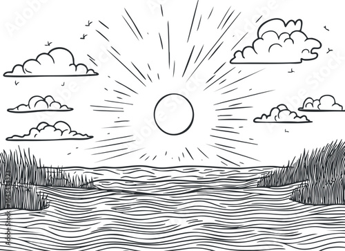 Black and white line art of a river landscape with the sun shining brightly and clouds in the sky