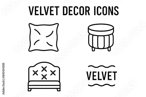 Velvet Home Decor Icons, Outline Vector Set of Elegant Velvet Pillow, Plush Ottoman, Luxurious Headboard, Velvet Texture Accents for Interior Design and Decoration