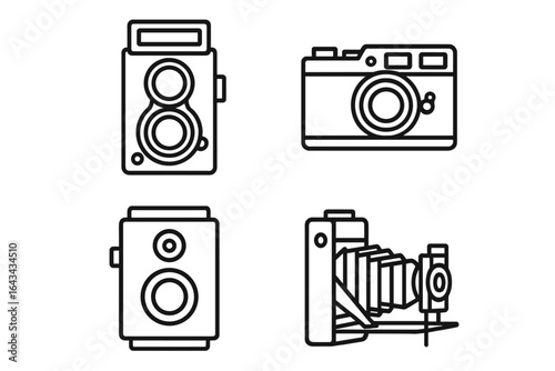 Vintage camera outline icon set. Vector collection of retro photo equipment including twin-lens reflex, rangefinder, box camera, and folding camera. Classic photography icons.