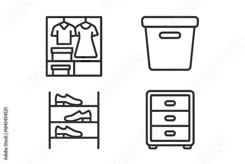 Modern Storage Solutions Vector Icons Set. Outline Design of Closet Organizer, Clothes Storage, Shoe Rack, Plastic Bin, Chest of Drawers. Home Organization and Shelving. Minimalist Furniture Interior.