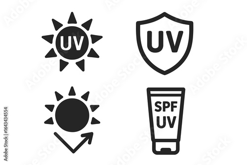 UV Protection Icon Set with Ultraviolet Radiation Symbols and Sunscreen SPF Vector Pictograms for Skincare, Sun Safety, Cosmetic Labeling, and Skin Health Illustration