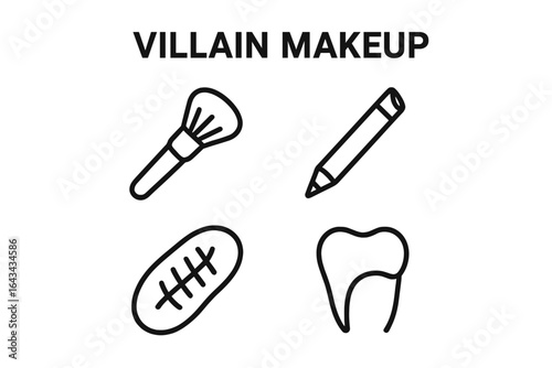 Villain Makeup Icons Vector Set, Outline Style Makeup Tools for Face Paint, Eyeliner Pencil, Scar Prosthetic, and Fake Tooth, Transparent Background Illustration