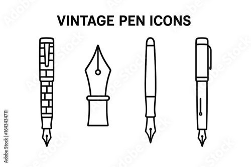 Vintage fountain pen line icon set. Retro writer and author tool collection. Classic calligraphy and ink writing instrument outline. Elegant luxury stationery vector logo.
