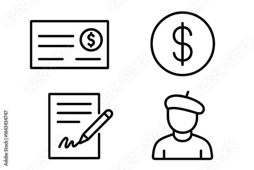 Artist Rights and Royalties Outline Icon Set. Vector Icons of Royalty Check, Dollar Sign, Contract, Pen Signing, Artist. Intellectual Property Protection, Art Payments, Copyright Concepts.