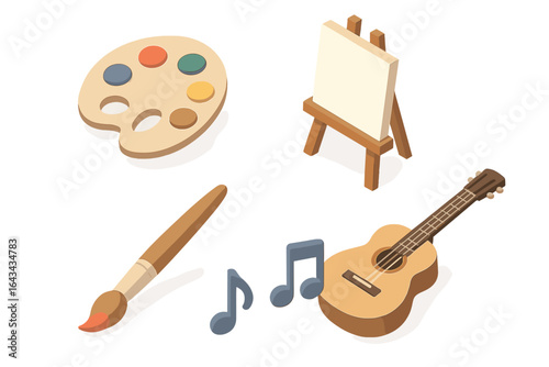 Isometric Vector Set of Art and Music Education Icons. Paint Palette, Easel, Paintbrush, Acoustic Guitar, Musical Notes. Creative Hobby, Fine Arts, Music Course, Modern Flat 3D Illustration