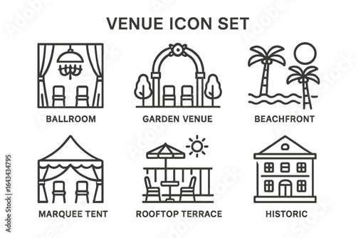Venue icon set outline collection featuring ballroom, garden venue, beachfront location, marquee tent, rooftop terrace, and historic sites vector illustrations on transparent background