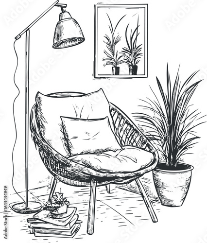 Black and white sketch of a cozy armchair with cushions next to a floor lamp and potted plants in a modern living room setting.