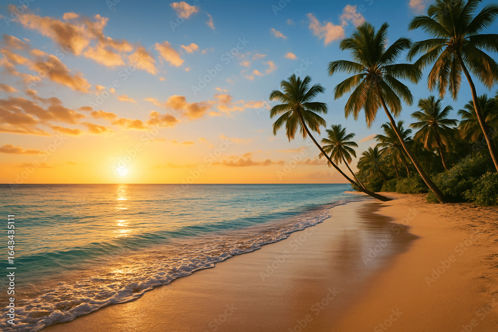 Fototapeta premium Serene Tropical Beach Sunrise with Palm Trees