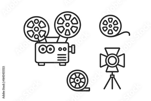 Vintage film equipment icons set with outline style, including classic reel-to-reel projector, film reel, and vintage lamp illustrations on transparent background, vector graphics collection