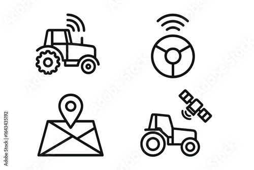 Autonomous tractor icons set with outline style, featuring self-driving tractor silhouettes, steering wheel control, GPS navigation symbols, and advanced farming machinery vector illustrations