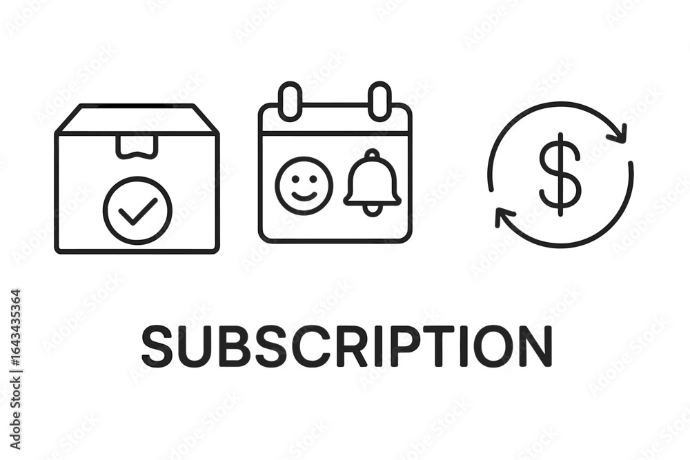 Subscription outline icon set. Vector illustration of subscription service benefits, monthly box delivery, calendar reminder, automatic payment renewal. Isolated business concept graphics. Subscription outline icon set. Vector illustration of subscription service benefits, monthly box delivery, calendar reminder, automatic payment renewal. Isolated business concept graphics.