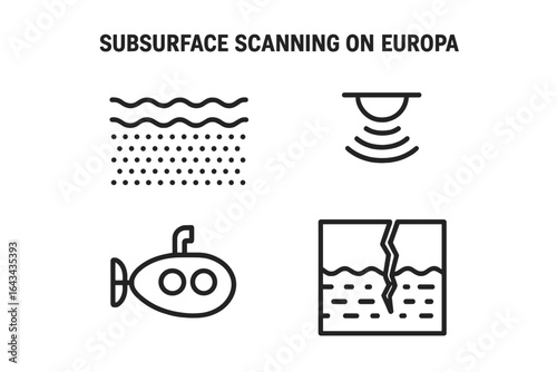 Europa Subsurface Scanning Vector Icons Set. Ice Layer Analysis, Sonar Beam Detection, Underwater Submersible Exploration, Cracked Ice Surface Concept. Science Technology Design Illustration