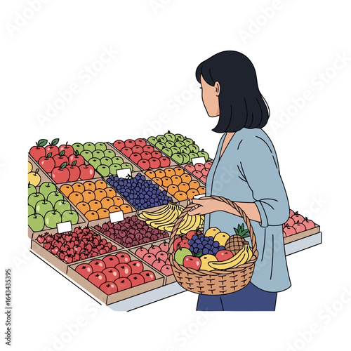 Vector art of woman choosing fresh fruit from a colorful market display with a basket, isolated on white background