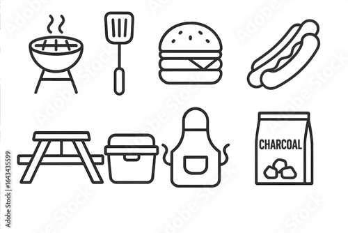 Backyard Barbecue Party Essentials Outline Icons Set. Grilling barbecue grill, spatula, burger, hot dog, picnic table, cooler, apron, charcoal bag. Summer cookout vector line illustration collection.