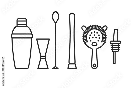 Cocktail Bar Tools Outline Vector. Set of 6 Bar Accessories Including Cocktail Shaker, Jigger, Bar Spoon, Muddler, Strainer, Pourer for Bartender, Mixology, Drink Making, Transparent Background.