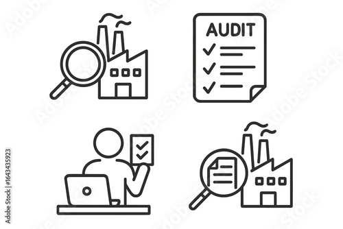 Supplier audit icon set. Quality control and factory inspection icons. Manufacturing process monitoring and compliance check. Auditor with checklist and magnifying glass.