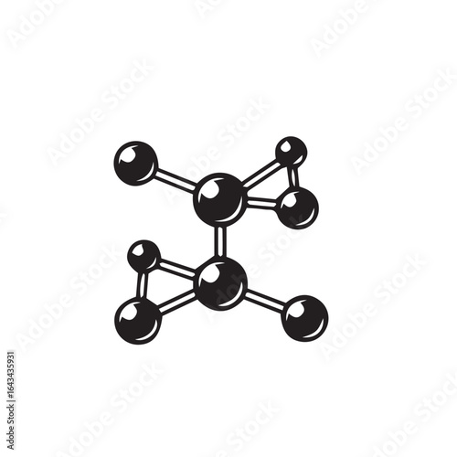 A black and white graphic illustration of a complex molecular structure, symbolizing science, chemistry, and atomic bonding.