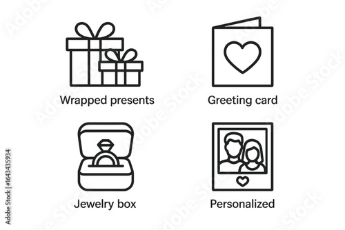Anniversary gift outline icon set. Linear icons for love and celebration. Includes wrapped presents, greeting card, engagement ring, and personalized photo frame vector.