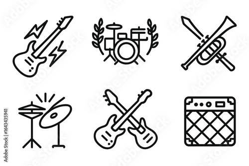Battle music icons set. Outline vector illustrations of electric guitar, drum set with cymbals, trumpet, bass guitar, and amplifier equipment. Transparent background.