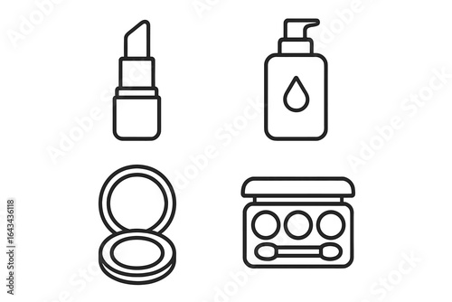 Beauty and Makeup Cosmetic Icon Set. Outline Vector for Lipstick, Liquid Foundation Bottle, Compact Face Powder, Eyeshadow Palette, Blush Kit. Modern Makeup Products Display Illustration.