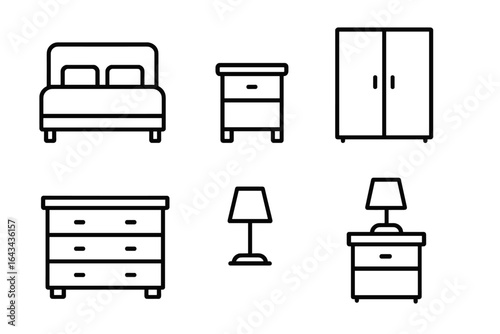 Bedroom Icon Set Outline. Vector illustration of bed frame, nightstand, dresser, wardrobe, bedside lamp, bedroom furniture and decor collection, minimalist black symbols