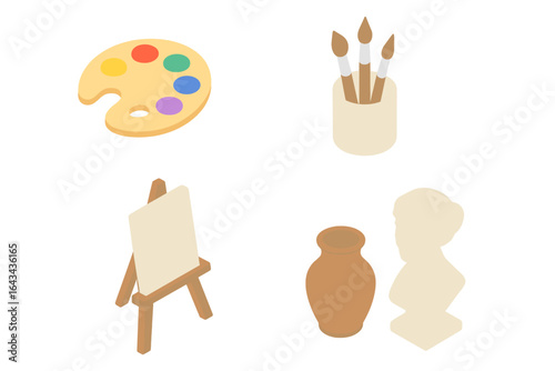 Art and craft workshop isometric icon set. Creative hobby tools for painting, sculpture, pottery. Vector illustration of palette, brushes, easel, canvas, clay pot.