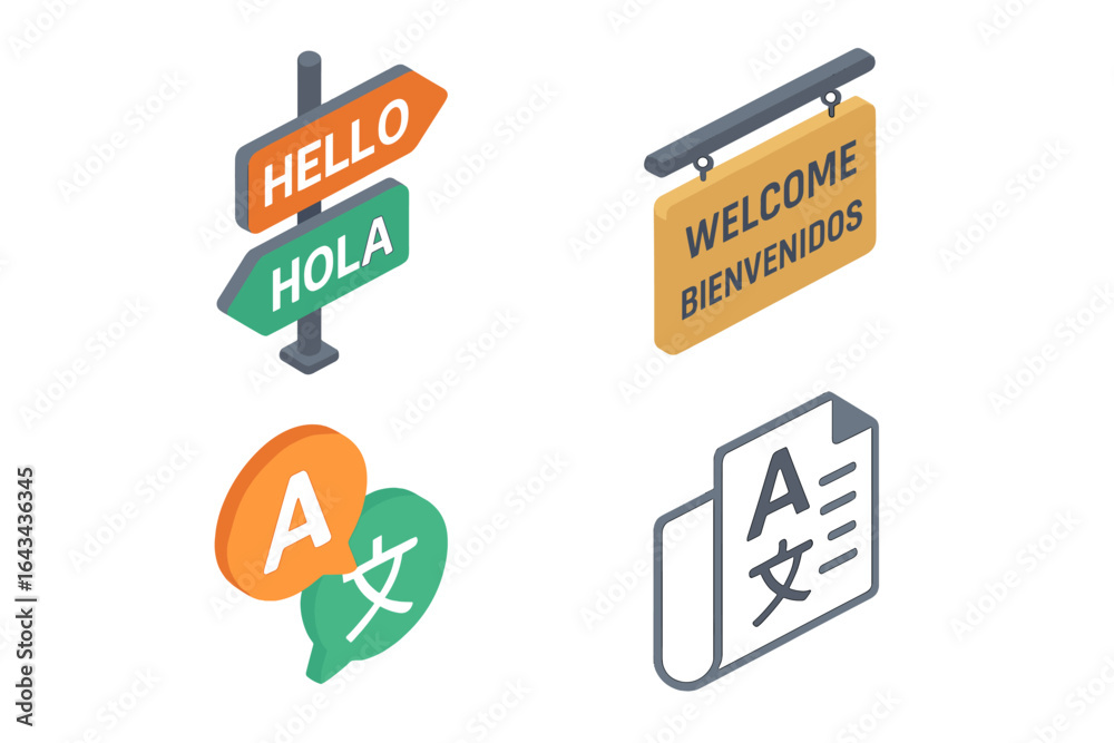 Bilingual communication isometric icon set. Language translation and interpretation concept. Multilingual welcome sign, street signpost, document and chat bubble icons. Vector. Bilingual communication isometric icon set. Language translation and interpretation concept. Multilingual welcome sign, street signpost, document and chat bubble icons. Vector.