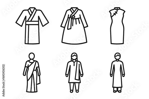 Asian traditional garments icon set. Kimono, hanbok, cheongsam, sari, shalwar kameez, ao dai. Vector line art symbols of Japanese, Korean, Chinese & Indian clothing.