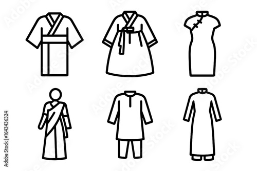 Asian traditional garments icon set. Line art of kimono, hanbok, cheongsam, sari, shalwar kameez, ao dai. National costumes of Asia vector graphic illustration collection.