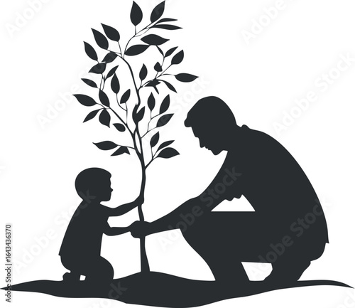 Silhouette of father and child planting a tree together outdoors symbolizing care and growth