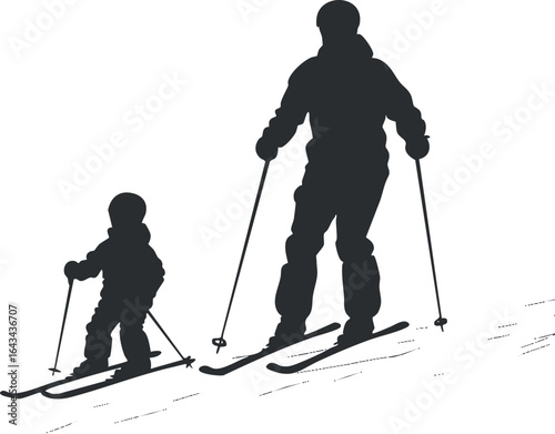 Silhouette of an adult and child skiing downhill on a snowy slope enjoying winter outdoor activity.