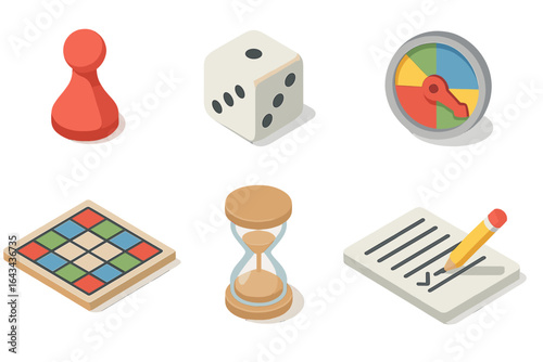 Board game icon set in flat isometric style. Vector collection for tabletop gaming with pawn, dice, spinner, game board, hourglass timer, and scorepad for family fun.