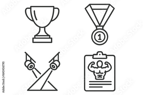 Bodybuilding competition outline icon set. Vector symbols for fitness championship: winner trophy cup, first place medal, stage spotlight, and judge's clipboard score.