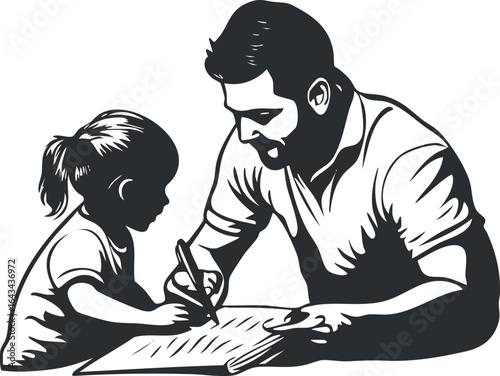 Black and white illustration of a father helping his daughter with writing homework at a desk