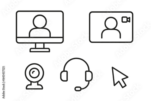 Telemedicine Icon Set, Outline Vector Illustration of Online Medical Consultation, Video Call Window, Webcam, Headset, Computer Screen, and Cursor Symbols for Healthcare