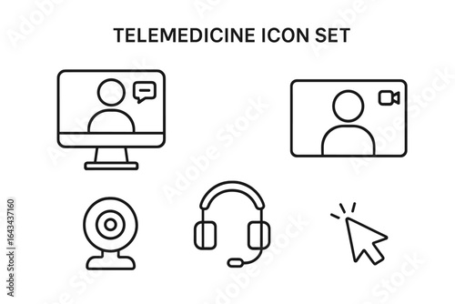 Telemedicine Icon Set Vector, Online Medical Consultation Icons, Video Call, Computer Screen, Webcam, Headset, Mouse Pointer, Telehealth Services Outline Design