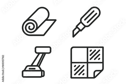 Carpet installation tools line icon set. Flooring service and repair process symbols. Home improvement and construction vector pictograms. Carpet roll, knife, knee kicker.