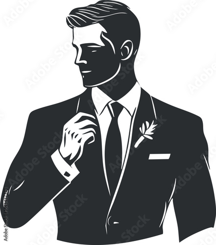 Black and white illustration of a young man in a formal suit adjusting his tie with a boutonniere