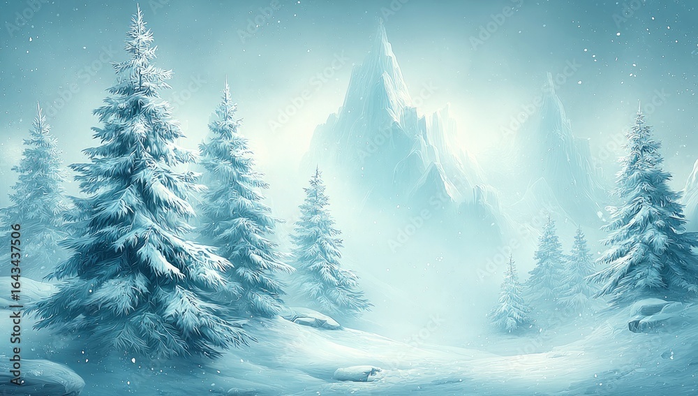 Fototapeta premium Snowy winter landscape, frosted pines, misty mountains