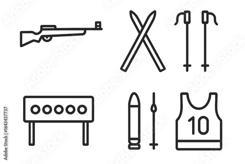 Biathlon sport equipment icon set. Vector collection of outline icons for winter competition. Includes rifle, cross-country skis, poles, shooting range target, and race bib.