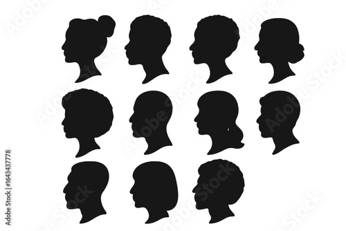 Cameo silhouette collection of diverse people. Head profiles set. Man and woman face in side view. Anonymous user portrait icon. Multicultural people vector illustration.