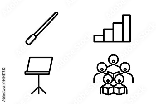 Choral Icon Set with Conductor Baton, Choir Riser, Music Stand, and Group of Singers Outline Vector Illustration for Choir and Ensemble Formation