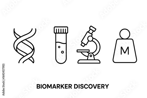 Biomarker discovery outline icon set. Vector symbols for scientific research, medical diagnostics, and genetic analysis. Includes DNA, test tube, and microscope icons.
