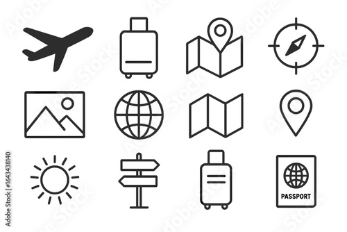 Travel icons set vector illustration with various transportation, landmarks, and adventure symbols on transparent background for tourism and trip design