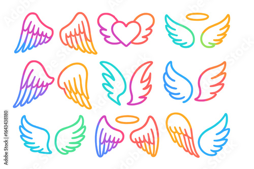 Angel wings icon set. Colorful gradient line art collection. Various wing shapes with halo and heart. Spiritual, freedom, angelic, heaven concepts. Vector for logo, tattoo.