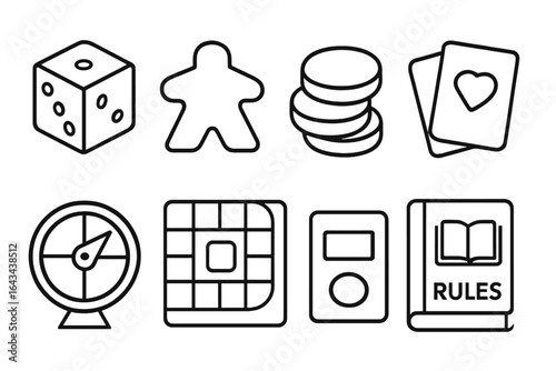 Board game icon set. Simple outline vector illustration of various tabletop game components. Includes dice, meeple pawn, tokens, playing cards, spinner, and rulebook.