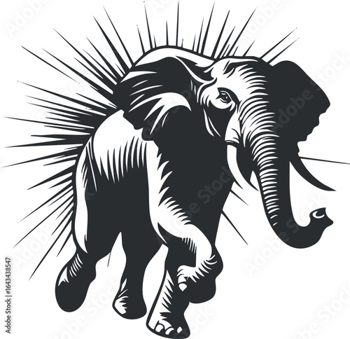 Black and white bold vector illustration of a powerful elephant with tusks and trunk in dynamic pose