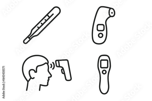 Body temperature icons set. Medical thermometers for fever check. Non-contact forehead scanner, ear and digital thermometer outline symbols. Healthcare vector illustration.